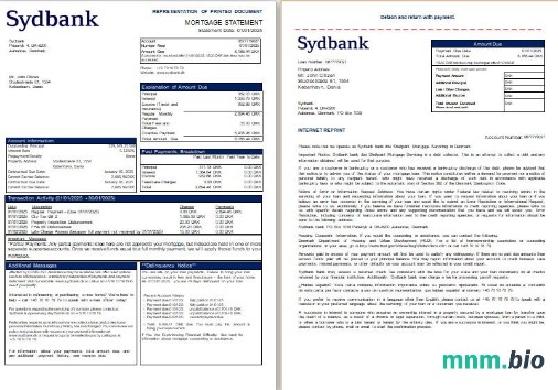 Dania Bank Sydbank wyciąg z kredytu hipotecznego, 3 strony, 1-2